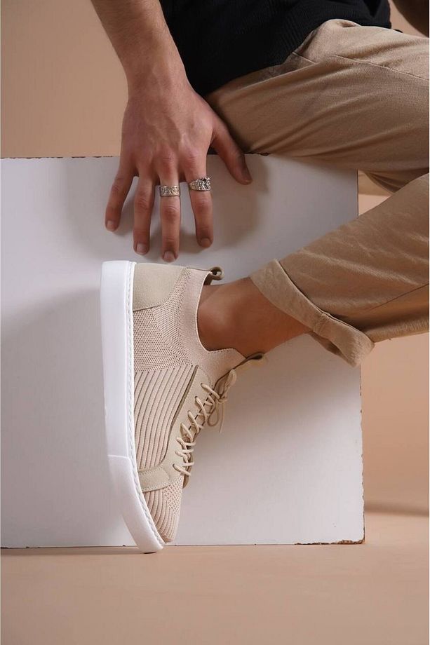 B112 BT Bağcıklı Ortopedik Taban Triko Erkek Sneaker Ayakkabı Bej - 4