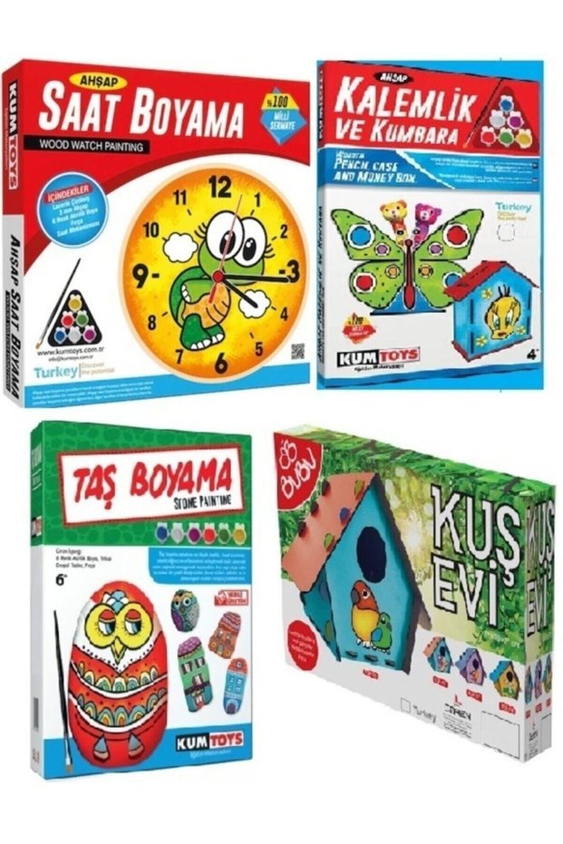 Pen Holder and Piggy Bank Painting + Clock Painting + Bird House Painting + Stone Painting 4-Piece Painting Art Set