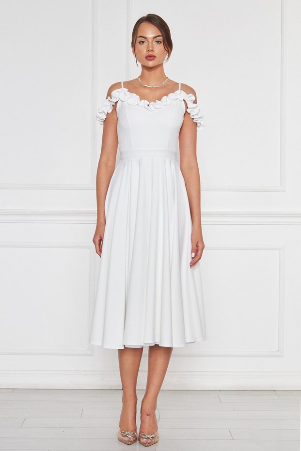 White Hanging Neck Ruffle Detail Off-Shoulder Woven Draped Fabric Midi Length Graduation And Evening Dress