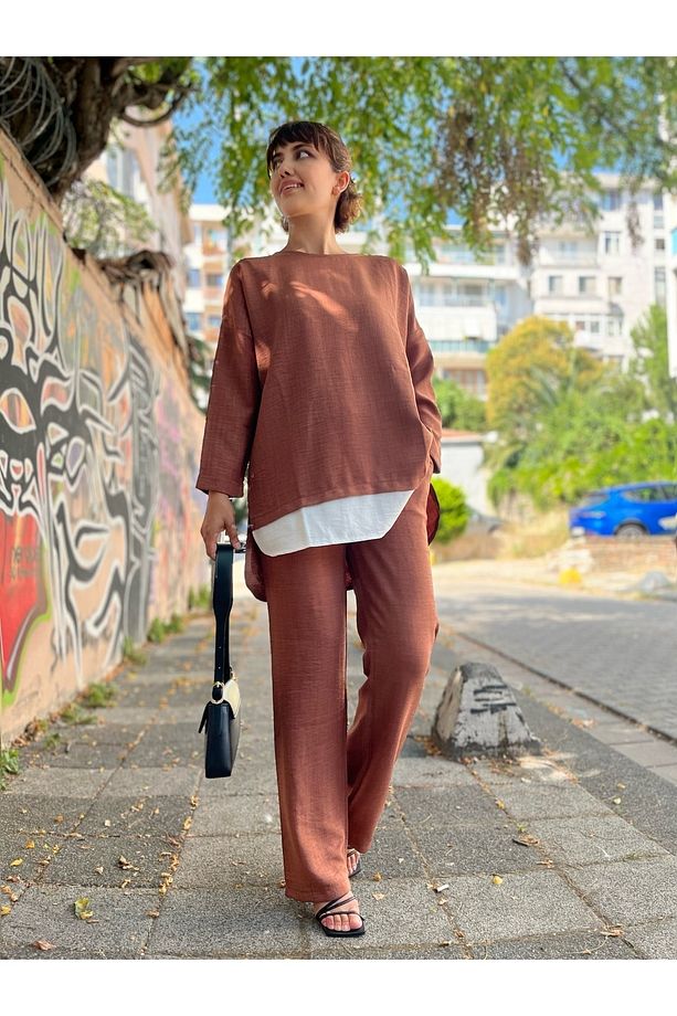 Bisiklet Yaka Renk Garnili Tunik Ve Pantolon Ikili Takım - Kahve - 6