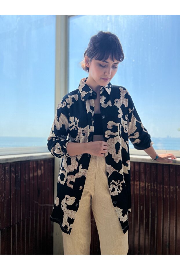 Patterned Shirt Collar Trousers Shirt Double Kimona Set - Black