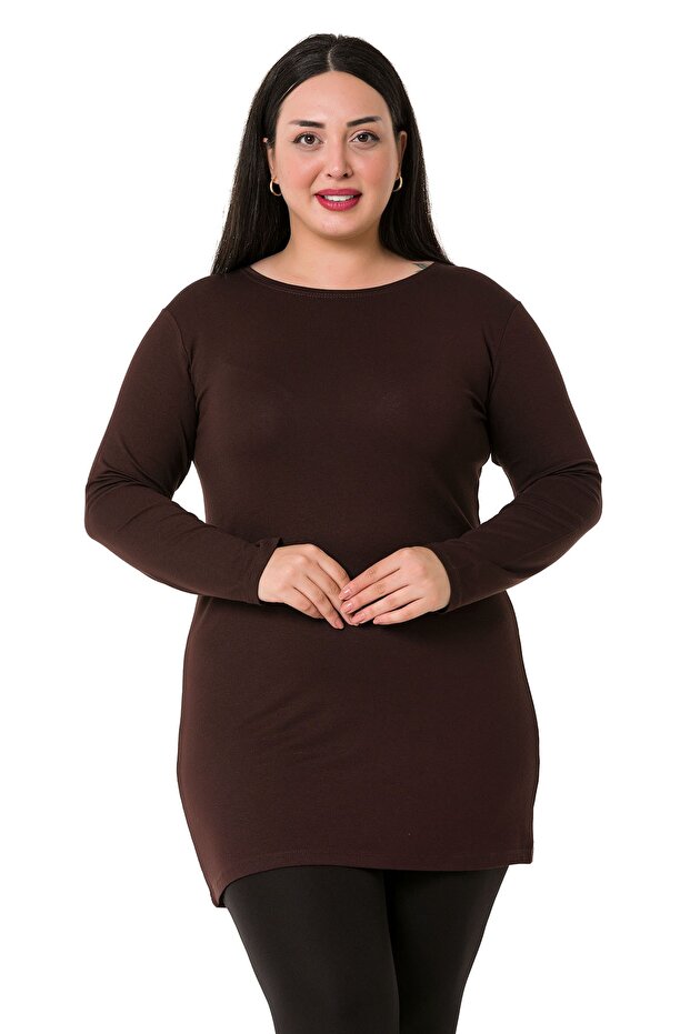 مقاس كبير رقبة دائرية وأكمام طويلة فيسكوز بني طويل