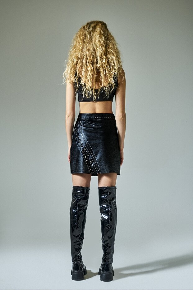 Zımbalı Deri Mini Etek Ruby - 5