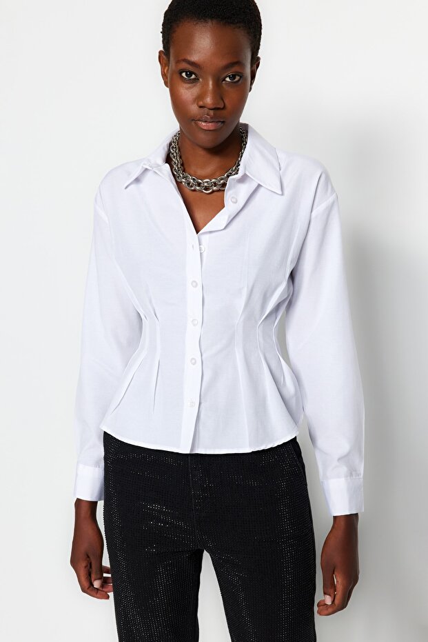 Ekru Dopasowana bawełniana koszula TWOAW24GO00186 - 3