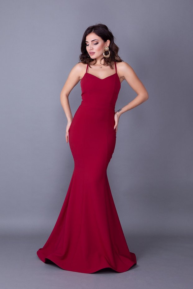 Burgundy Strap Back Rope Tied Woven Draped Fabric Fish Collar Evening Dress