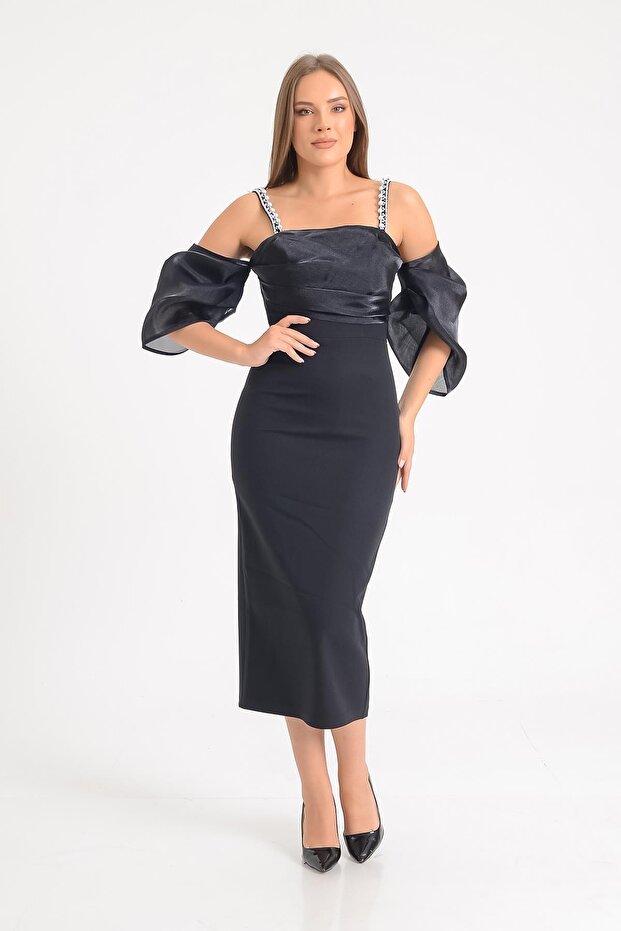 Siyah Balon Kol Kısa Abiye Elbise - 1