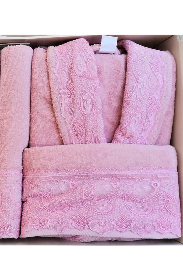 Fidelya Aile Bornoz Seti Krem-Pembe - 2