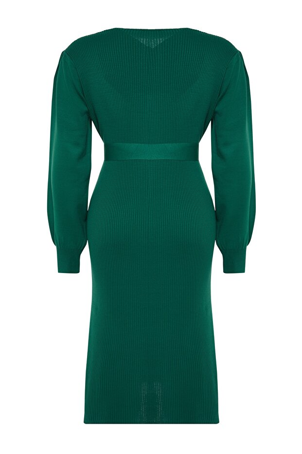 Zielona prążkowana dopasowana sukienka midi z dzianiny Tbbaw23Ah00032 - 8
