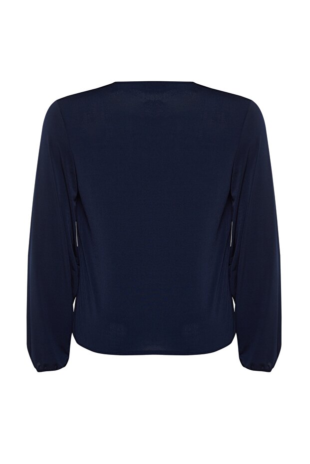 Lacivert Balon Kol Kruvaze Yaka Örme Crop Bluz TBBAW23AF00029 - 8