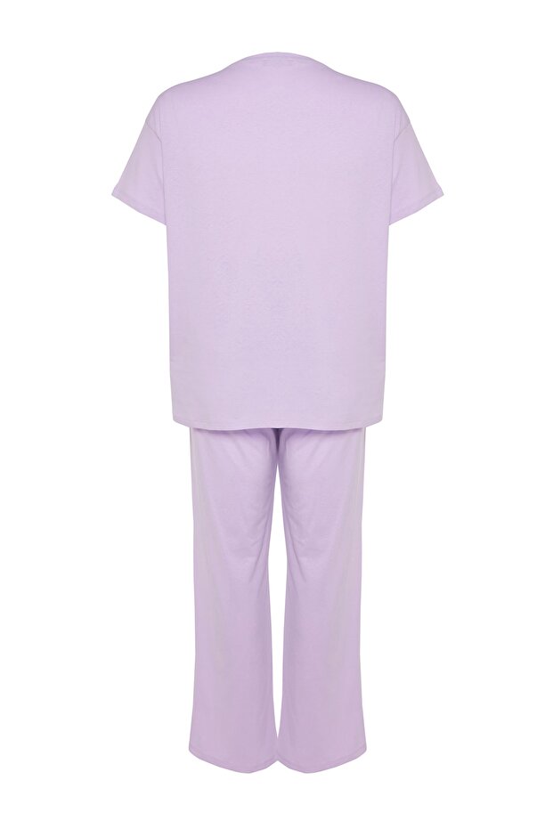 Lila Baskılı Cep Detaylı Örme Pijama Takımı TBBAW24AI00004 - 8