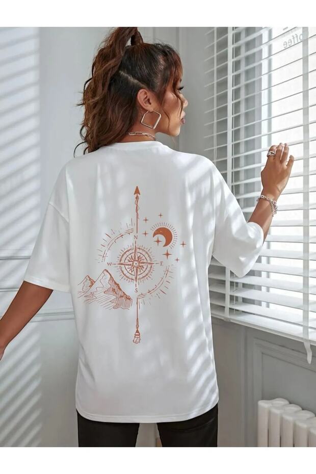 Compass Graphic Printed Black Oversize Tshirt