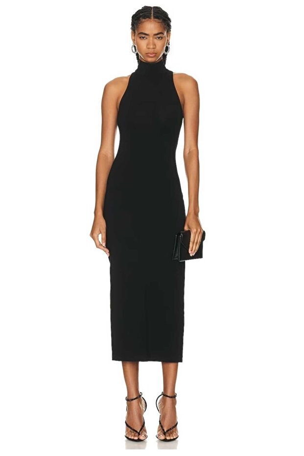 Women's Black Back Slit Half Turtleneck Silk Jersey Midi Dress