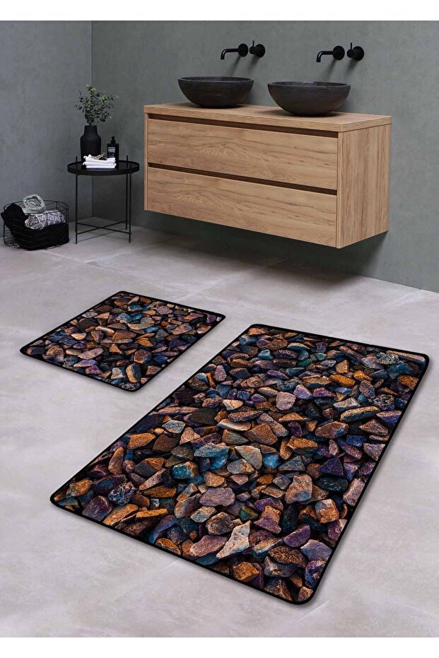 Non-Slip Base Washable 2-Piece Bath Mat - Pebble Pattern 60*100 cm - 50*60 cm