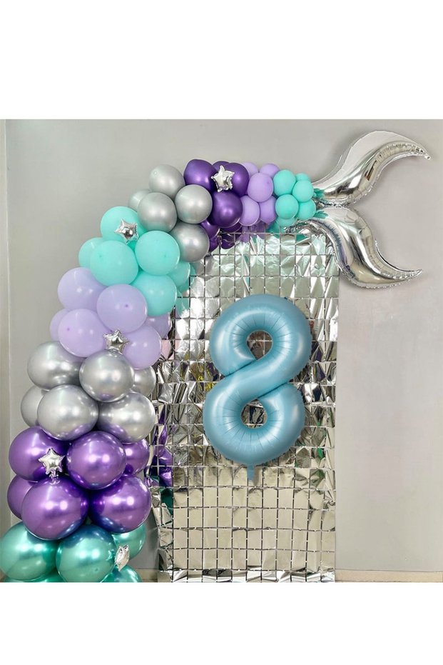 Mermaid Birthday Concept Balloon Chain Number Balloon and Background Curtain