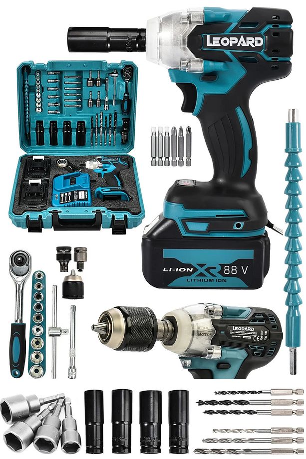 Alman 88 V 10 Ah Profesyonel Çift Akülü Şarjlı Somun Sıkma Torklu Vidalama Matkap 2 Alet 1 Makina - 1