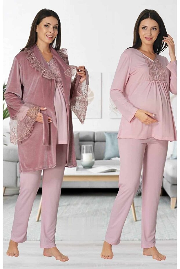 Powder Velvet Lace Cotton Maternity Pajama Set with Dressing Gown