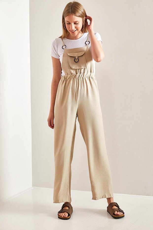 Kangaroo Pocket Detailed Waist Elastic Adjustable Strap Linen Salopette Jumpsuit Cream