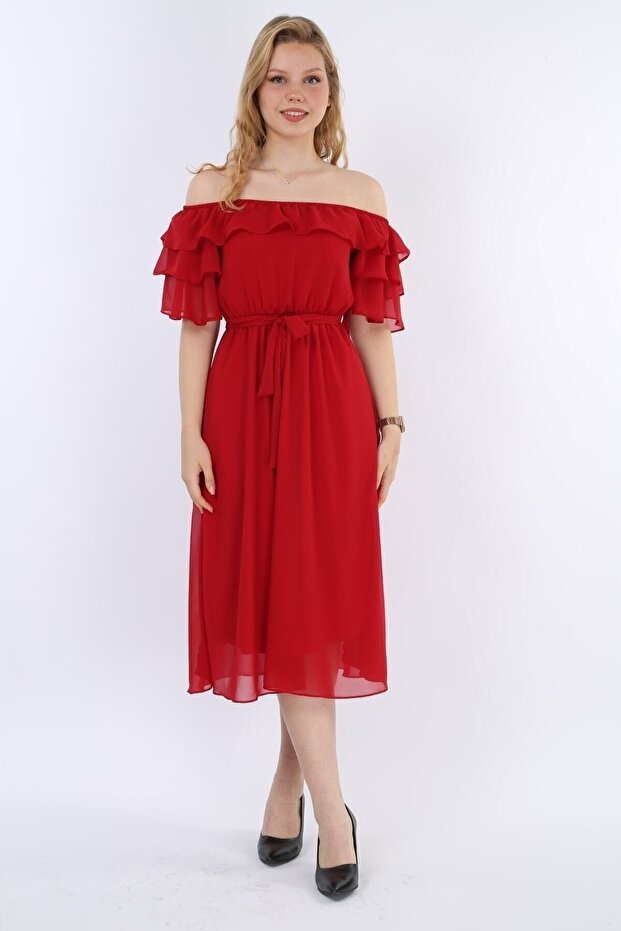Women's Collar Flounced Belted Chiffon Red Dress