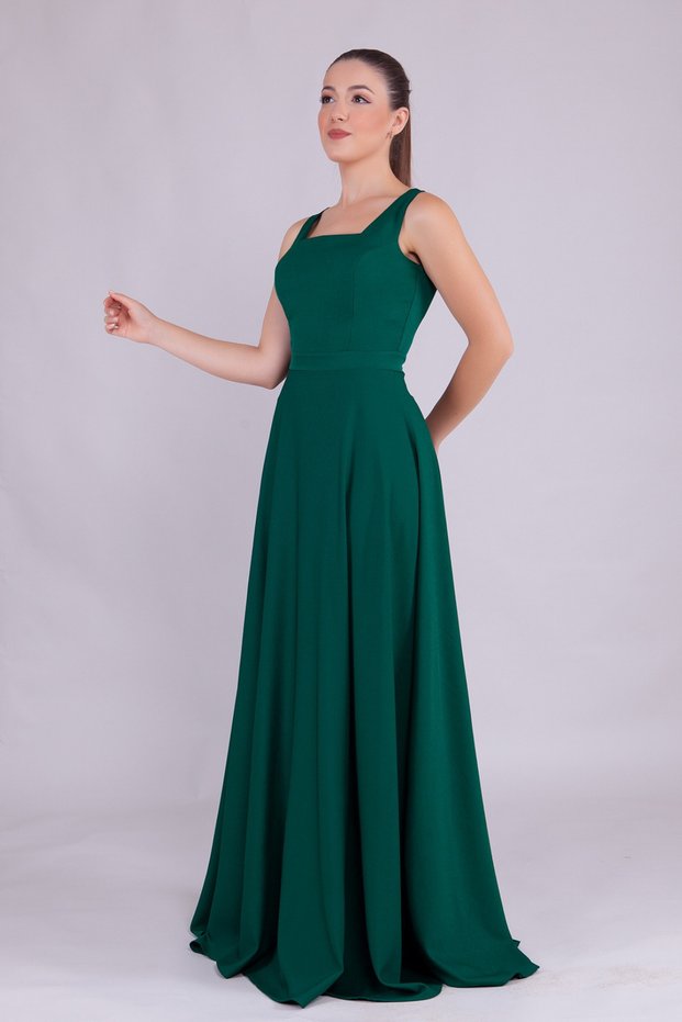 Emerald Square Collar Sleeveless Wide Straps Woven Draped Fabric Maxi Length Flared Evening Dress