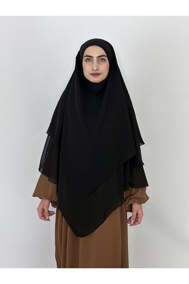 3-Layer Multi-Sifon Souffle Khimar with Peceli Ready-Made Large Scarf Black