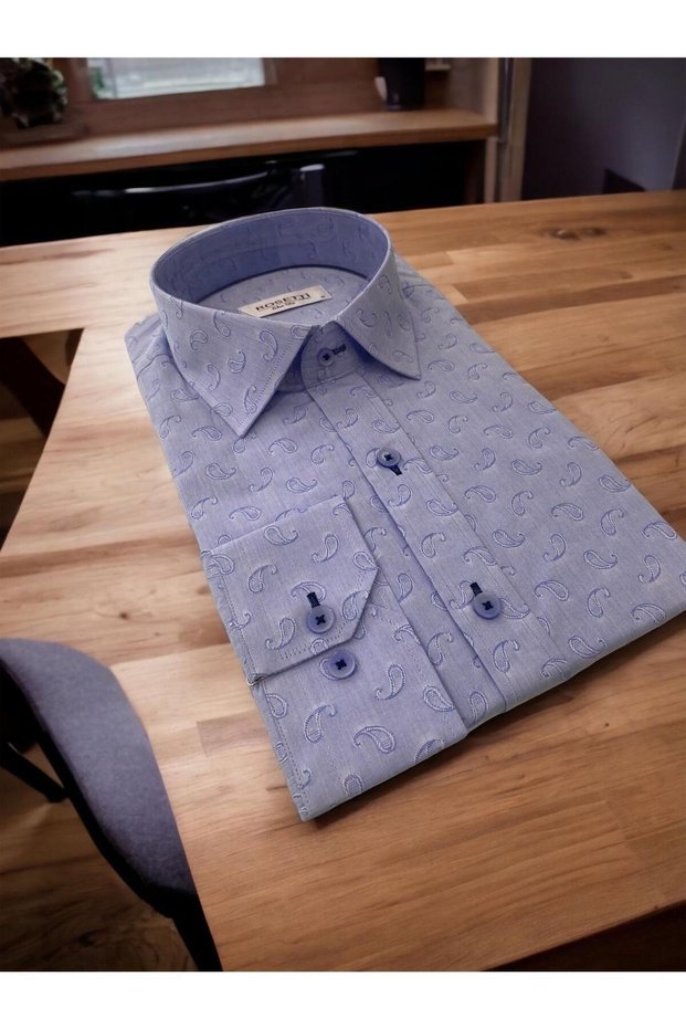 Rosetti Hidden Collar Buttoned 100% Cotton Shawl Pattern Slim Fit Light Blue Shirt