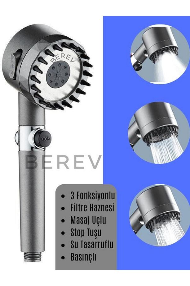 Yüksek Basınçlı Masaj Taraklı 3 Kademeli Aç Kapa Su Tasarruflu Filtre Hazneli Gri Banyo Duş Başlığı - 1