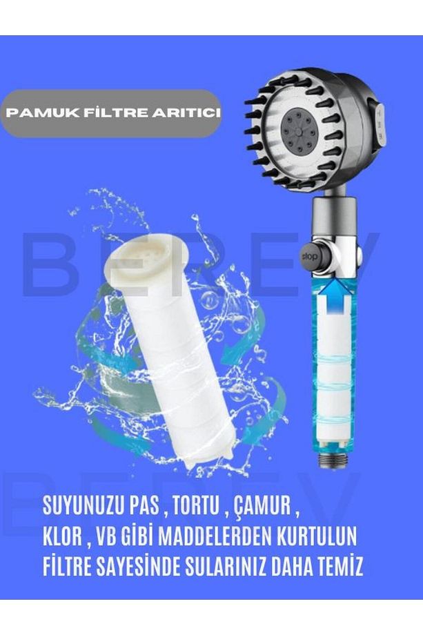 Yüksek Basınçlı Masaj Taraklı 3 Kademeli Aç Kapa Su Tasarruflu Filtre Hazneli Gri Banyo Duş Başlığı - 3