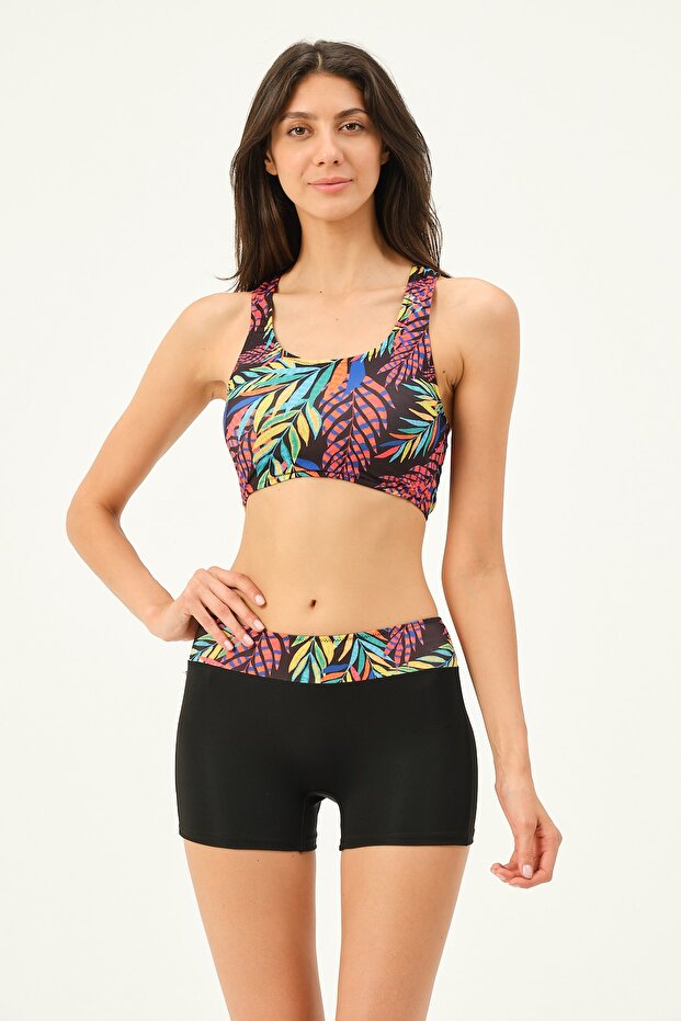 Women's Patterned Badili Sports Swimmer Bikini Colorful Leaf (with Chest Pad)
