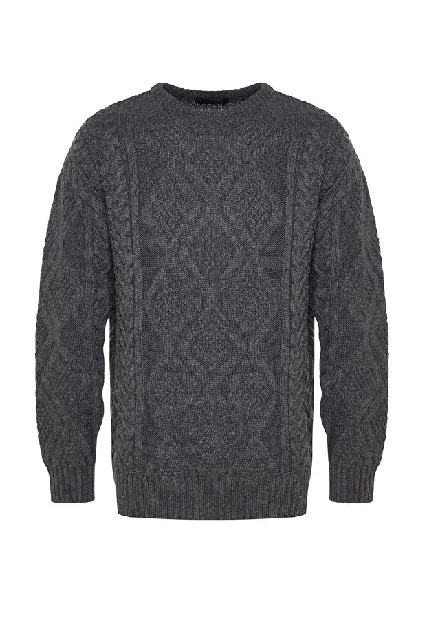 Gri Oversize Geniş Kalıp Bisiklet Yaka Saç Örgülü Triko Kazak TMNAW23KZ00280 - 8