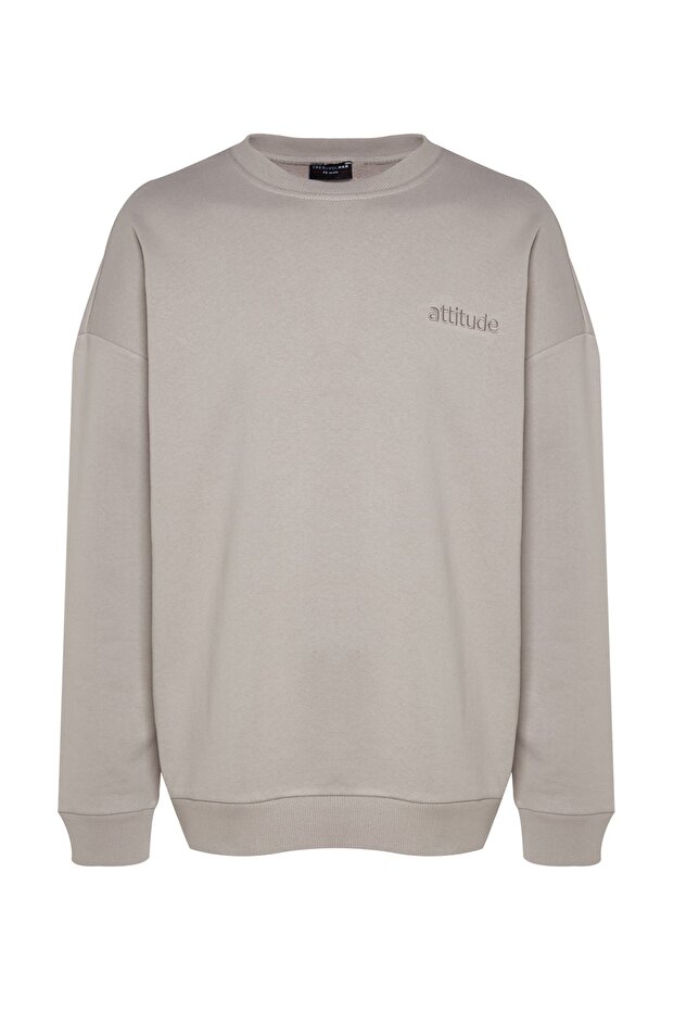Gri Bisiklet Yaka Oversize/Geniş Kesim Yazı Nakışlı Diagonal Sweatshirt TMNAW24SW00039 - 6
