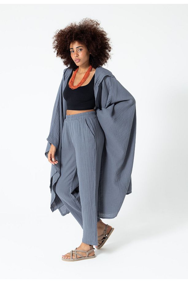 Koyu Gri Müslin Salaş Kapüşonlu Bohem Kaftan - 4