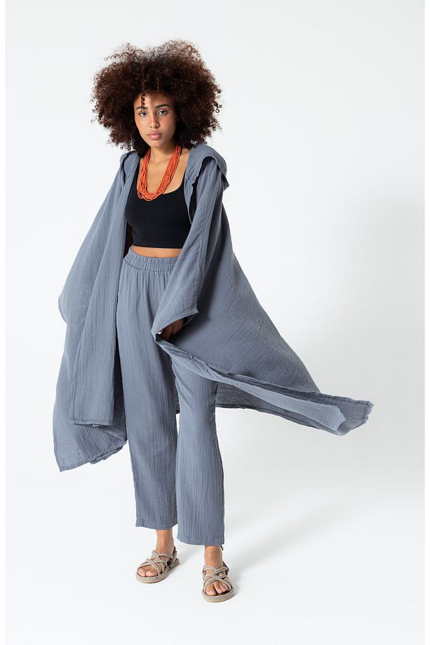 Koyu Gri Müslin Salaş Kapüşonlu Bohem Kaftan - 8
