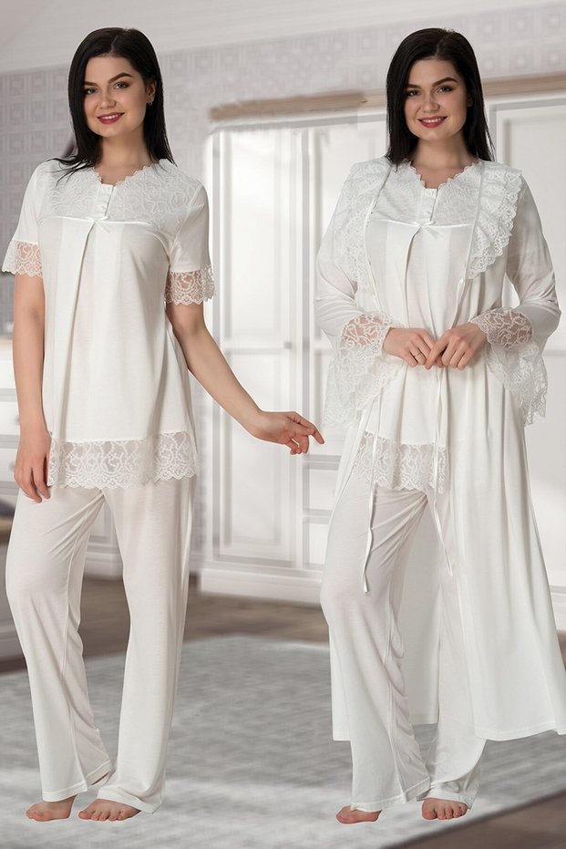 Women's Ecru Long Dressing Gown with Laced Sleeves Maternity Maternity Dressing Gown Pajama Set