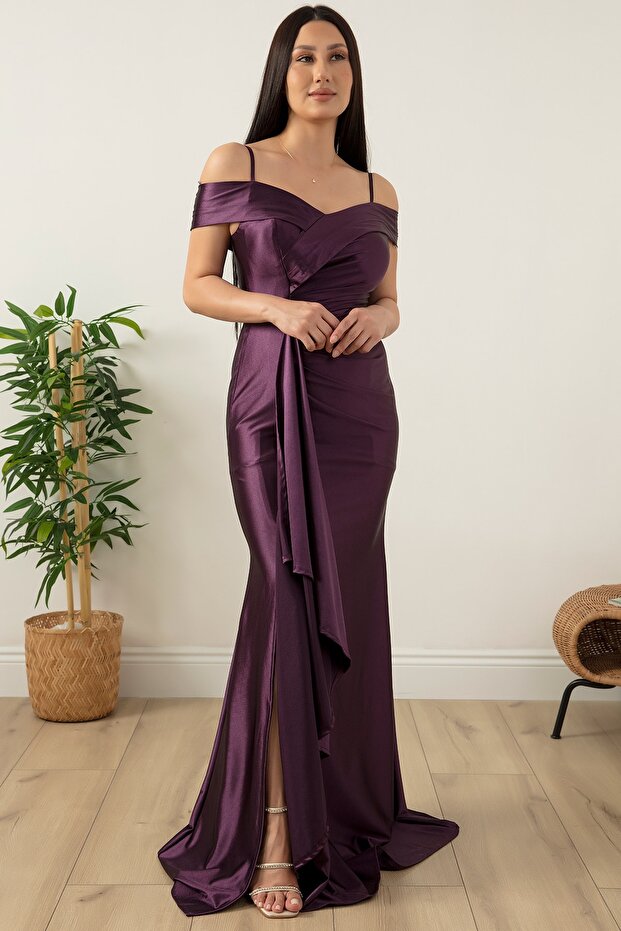 Askılı Pileli Saten Elbise 39423 - 1