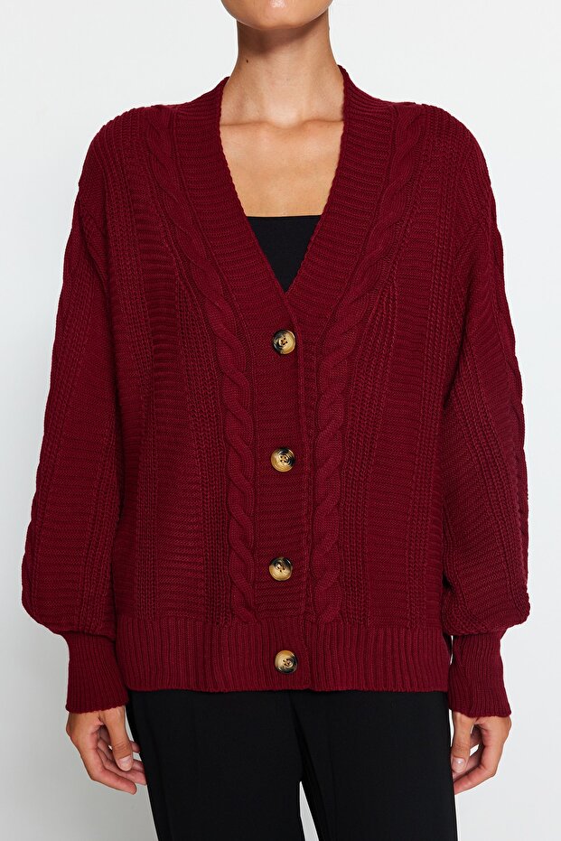 Bordo Geniş Kalıp Triko Hırka TWOAW22HI0176 - 4