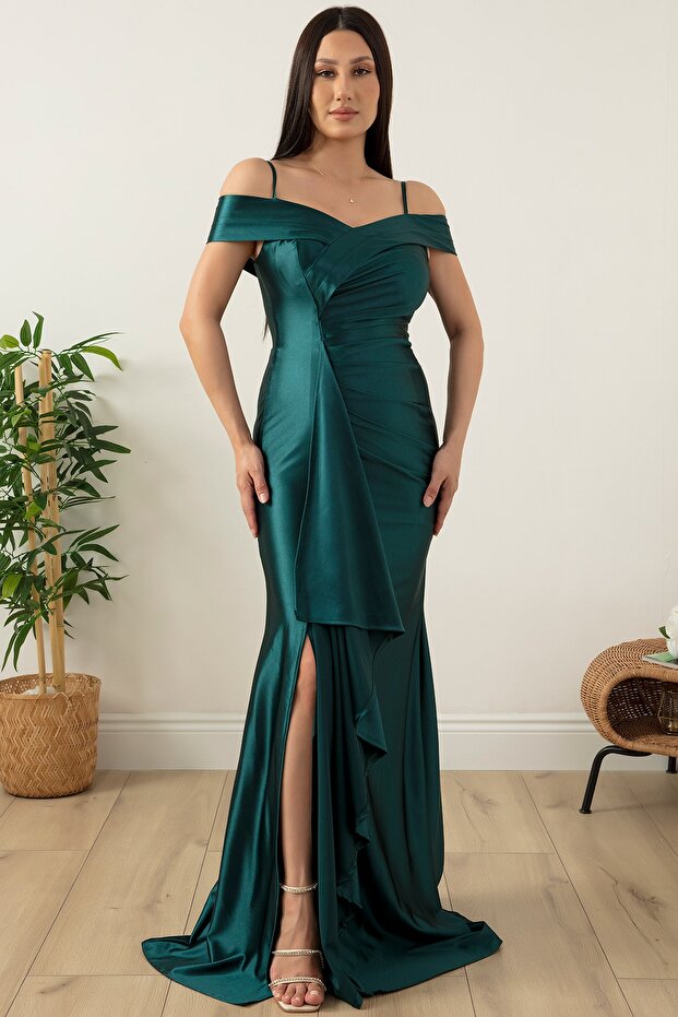 Askılı Pileli Saten Elbise 39423 - 1