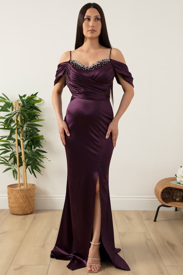 Göğüs Boncuklu Askılı Saten Elbise 39657 - 1