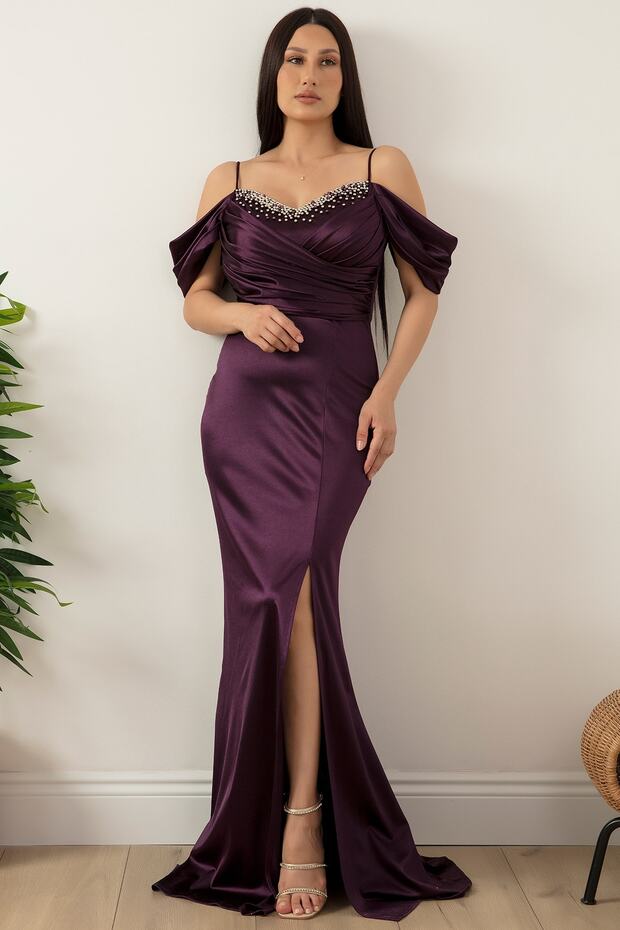 Göğüs Boncuklu Askılı Saten Elbise 39657 - 6