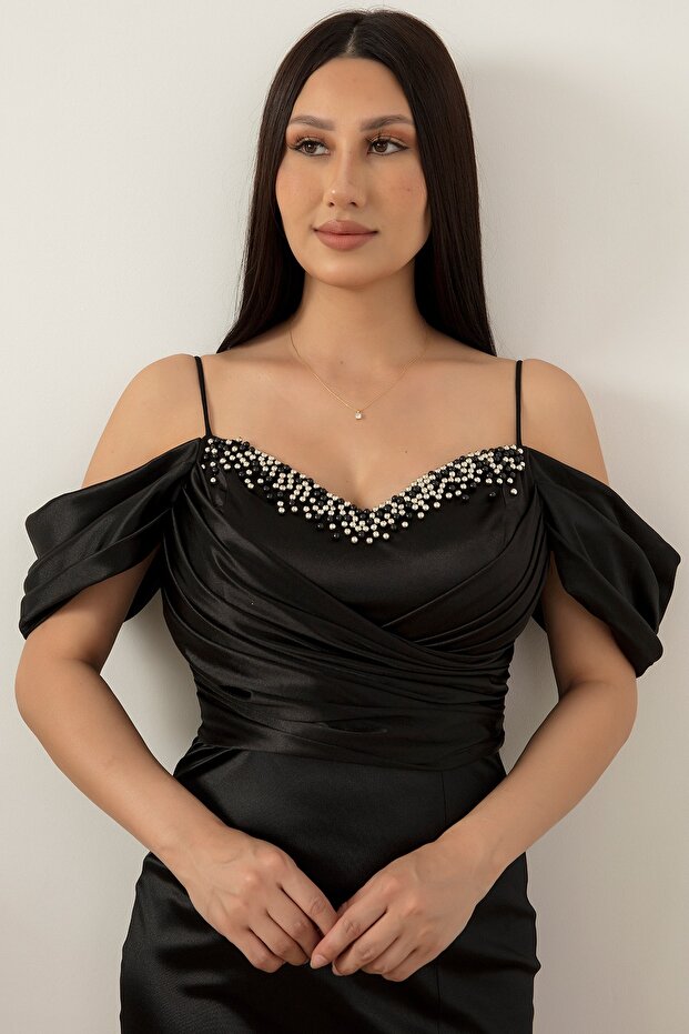 Göğüs Boncuklu Askılı Saten Elbise 39657 - 3