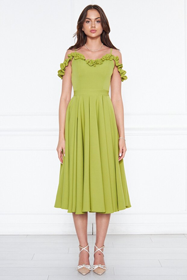 Pistachio Green Hanging Neck Ruffle Detail Off-Shoulder Draped Fabric Midi Length Graduation and Evening Dress