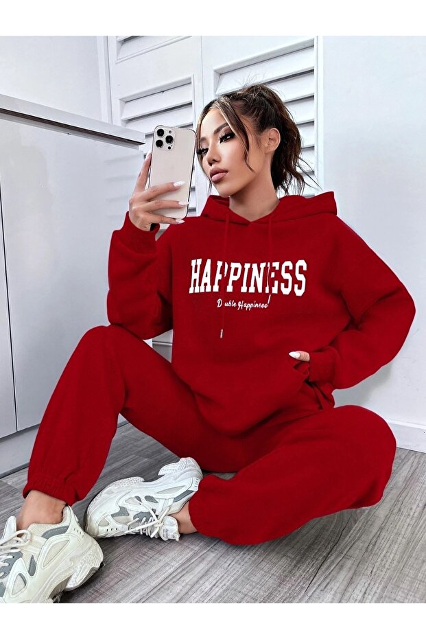 طقم بدلة رياضية بغطاء للرأس مكونة من 3 خيوط مطبوعة بمقاس كبير للجنسين من Happiness