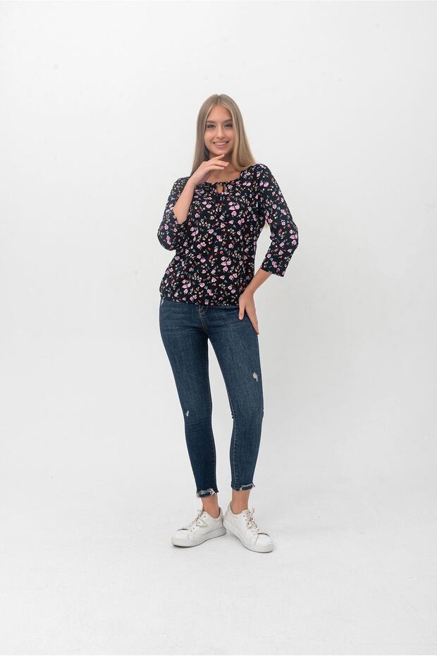 Floral Blouse with Rope Detail on the Collar