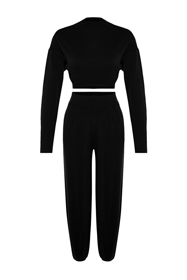 Siyah Süper Crop Jogger Pantolonlu Triko Alt-Üst Takım TWOAW24AU00007 - 6