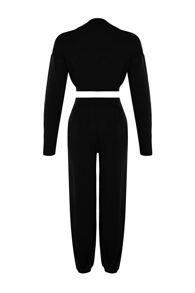 Siyah Süper Crop Jogger Pantolonlu Triko Alt-Üst Takım TWOAW24AU00007 - 8