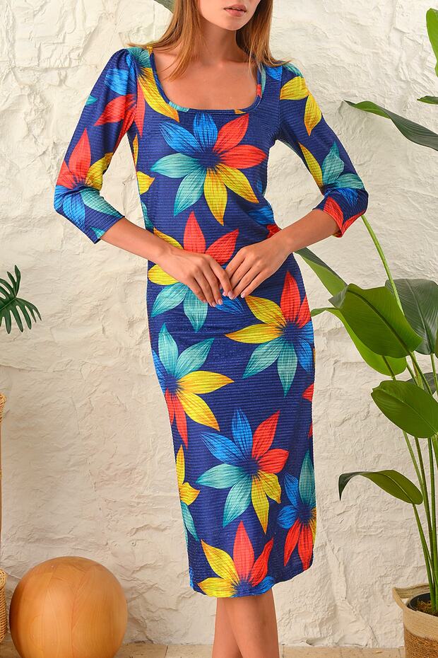 digital printed pearl velvet long slit pencil dress