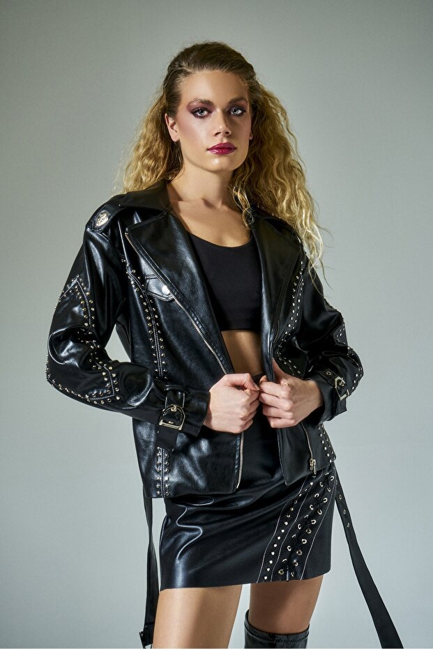 Zımbalı Deri Mini Etek Ruby - 4