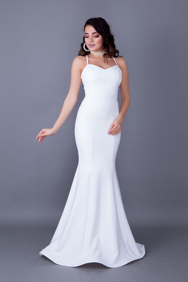 White Strappy Back Rope Tied Woven Draped Fabric Fish Collar Evening Dress