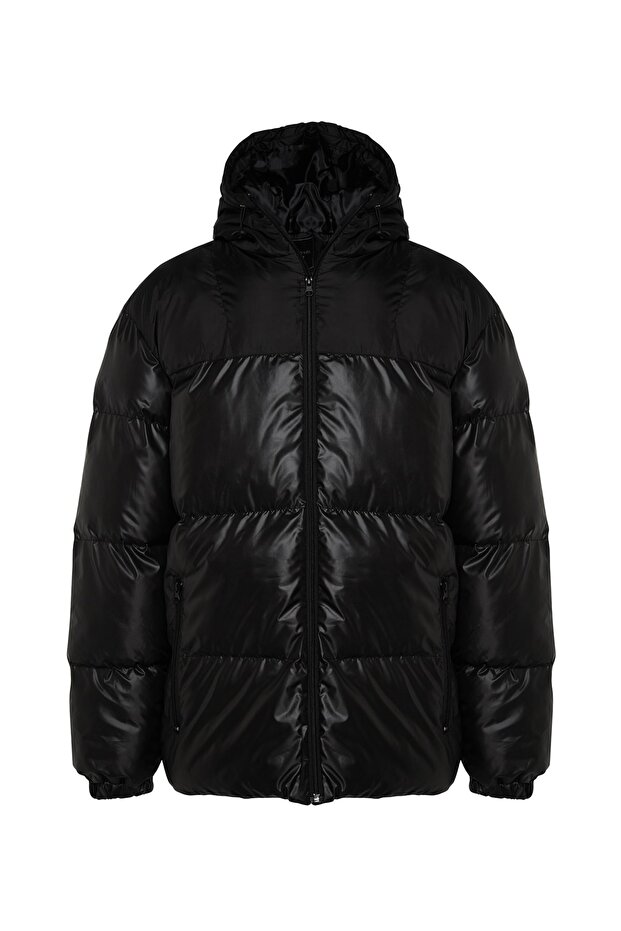 Siyah Regular Fit Kapüşonlu Bloklu Su ve Rüzgara Dayanıklı Şişme Kışlık Mont TMNAW24MO00025 - 6