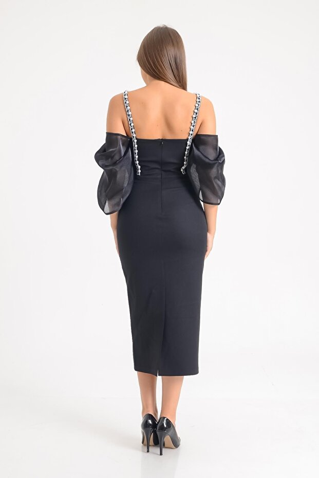 Siyah Balon Kol Kısa Abiye Elbise - 7