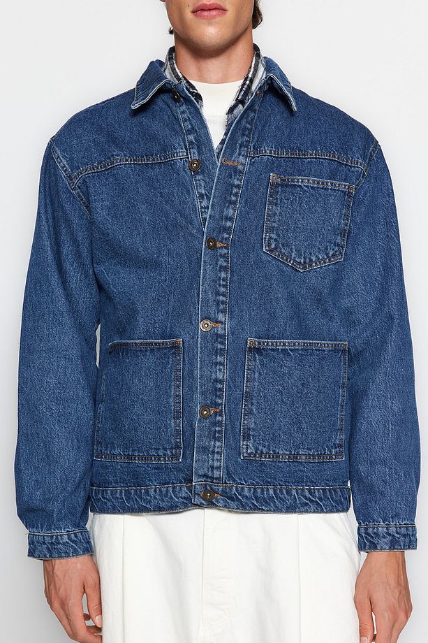 Orta Mavi %100 Pamuk Regular Fit Denim Kot Ceket TMNAW24CE00004 - 4